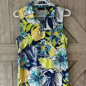 Rafaella Women's Floral Zip Tank Top - Blue, Yellow, and Green